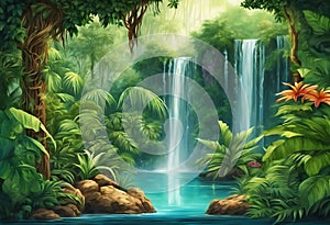 Enchanting Waterfall in a Lush Jungle: Nature\'s Oasis