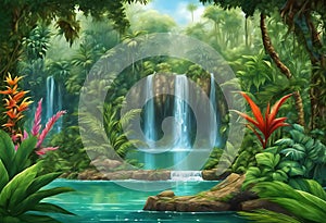 Enchanting Waterfall in a Lush Jungle: Nature\'s Oasis