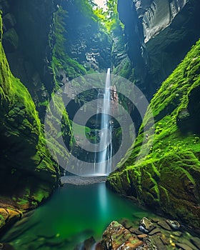 Enchanting Waterfall: A Peaceful Journey Through a Lush Mossy Ca