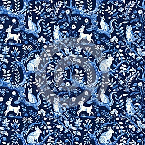 Enchanting Whimsical Forest Seamless Pattern in Blue & White - Tropical Plants, Animals, & Foliage Design for Clothing & Home Deco photo