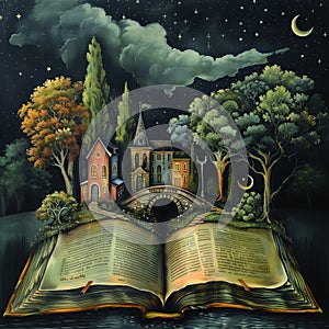 Enchanting and whimsical storybook night scene featuring a magical open book illustration of a village nestled in nature