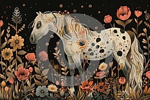 Enchanting White and Black Spotted Horse Surrounded by Nighttime Blossoms