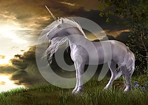 Enchanting White Unicorn Watching a Sunset photo