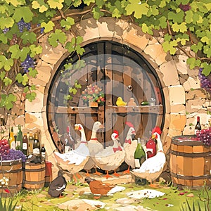Enchanting Wine Cellar with Charming Ducks and Grapes