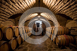 Enchanting Wine Cellar with Rows of Aged Oak Barrels photo