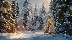 Enchanting Winter Cabin Scene Amidst Snowy Christmas Trees