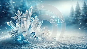 Enchanting Winter Crystal Landscape with Snowflakes for Seasonal Promotions, AI Generated