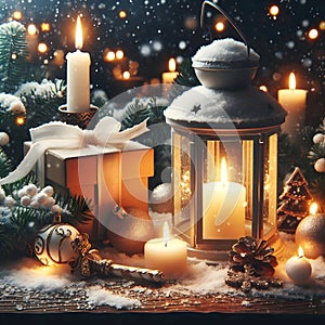 An enchanting winter featuring a luminous lantern, presents, and decorative ornaments. photo