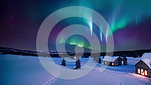 enchanting winter landscape, clear aurora, starry night, warm house lights, polar view, snowy rural aerial scenery