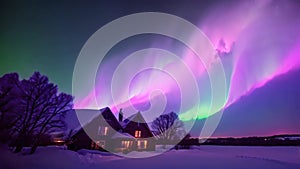 enchanting winter landscape, clear aurora, starry night, warm house lights, polar view, snowy rural aerial scenery