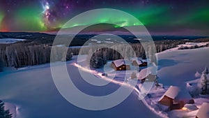 enchanting winter landscape, clear aurora, starry night, warm house lights, polar view, snowy rural aerial scenery