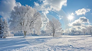 Enchanting winter landscape with trees cloaked in snow, a serene forest adorned in nature\'s white attire. Ai Generated