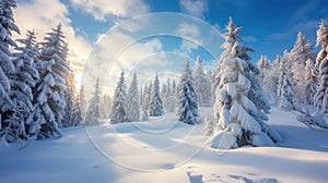 Enchanting winter landscape with trees cloaked in snow, a serene forest adorned in nature\'s white attire. Ai Generated