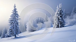 Enchanting winter landscape with trees cloaked in snow, a serene forest adorned in nature\'s white attire. Ai Generated