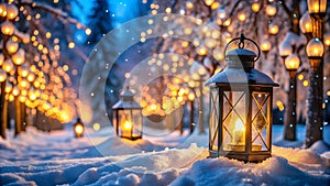 Enchanting Winter Lanterns: Glowing Candlelight in Snowy Wonderland photo