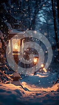 Enchanting winter night Lanterns softly illuminate a snowy forest landscape