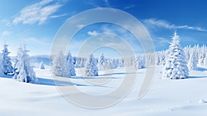 Enchanting winter panorama with snowy fir branches and delicate snowflakes in a cold color palette
