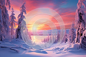 Enchanting Winter Scenery. Snow-Covered Trees, Serene Frozen Lake, and Gorgeous Colorful Sunset