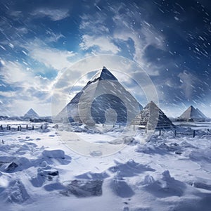 Enchanting Winter: Snow-Cloaked Pyramids of Gizeh\'s Majestic Splendor