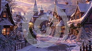 Enchanting Winter Village at Dusk with Christmas Decorations and Snow