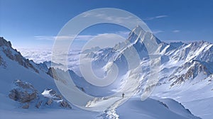 A Stunning Vintage Postcard Featuring a Brave Mountaineer Journeying Up a Snowy Mountain Surrounded by Clouds photo