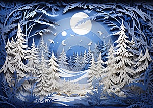 Enchanting Winter Wonderland: A Paper Cut Forest of Moonlit Tree