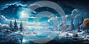 Enchanting winter wonderland scene with freshly fallen snow, sparkling under a magical blue sky filled with soft falling