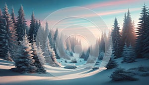 Enchanting Winter Wonderland Scene with Snow-Covered Trees at Twilight, AI Generated