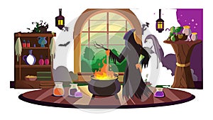 Enchanting Witch Brewing Potion in Cauldron, vector design Generative AI