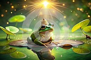 Enchanting Wizard Frog Perched on a Lily Pad A Magical Pond Fantasy Stock Photo for Creative Projects Featuring photo