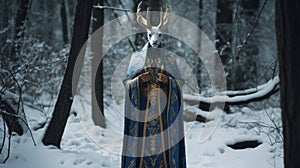 Enchanting Woman In Blue And Gold Cloak With Horns In Snowy Forest