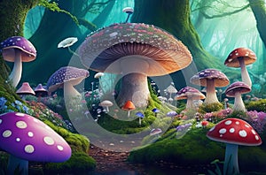 Enchanting Wonderland Forest Landscape: Mushrooms and Flowers Galore.