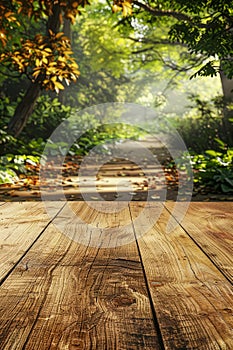 Enchanting Wooden Pathway Through Lush Green Forest with Falling Autumn Leaves and Sunlight Filtering Through Canopy