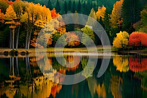 An enchanting woodland during autumn, with a pristine lake surrounded by trees adorned in their vibrant fall attire