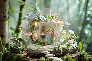 An enchanting woodland cottage cake, complete with glowing windows, delicate sugar foliage, and whimsical toadstools, nestled in a