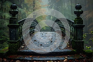 Misty Forest Bridge in Autumn - Tranquil Nature Scene for Decor, Wall Art, Posters Generative AI photo