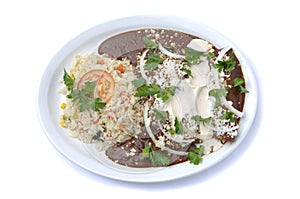 Enchiladas with mole, rice and beans