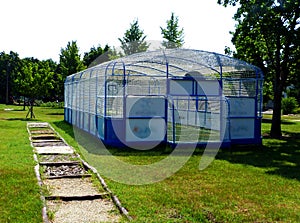 Enclosed ball court of blue pipe light metal frame and white vinyl net