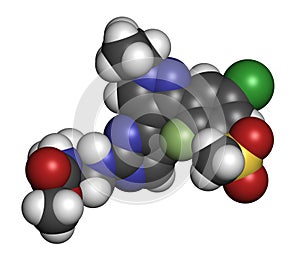 Encorafenib melanoma drug molecule. 3D rendering. Atoms are represented as spheres with conventional color coding: hydrogen (white photo