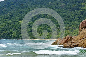 The encounter between the beach, preserved tropical forest and the sea in Trindade