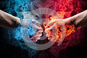 Encounter of a frozen hand and a burning hand. Concept is the juxtaposition of opposing elements and the transforming nature of