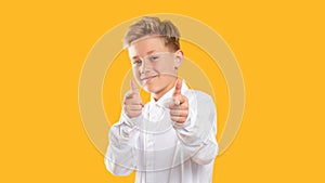 Encouraging gesture confident boy pointing fingers