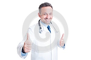 Encouraging and heartening medic or doctor showing double like