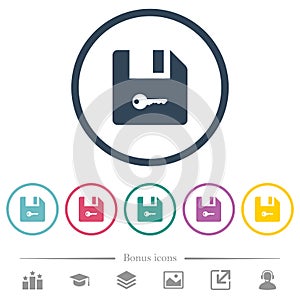 Encrypt file flat color icons in round outlines