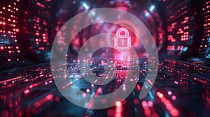 Encrypted lock interface on coding background.