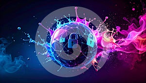 Encrypted Neural Net Sphere Floating in Dark Fog. AI themed Background. Generated Image