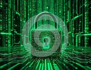 Encrypted Padlock in Matrix Data Background