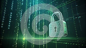 Encrypted Padlock in Matrix Data Background