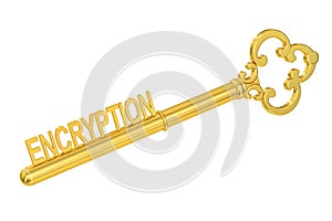 Encryption concept with golden key, 3D rendering