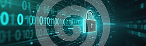 Encryption concept with lock key, abstract background with binary code. Cyber security, digital data protection, secure access,